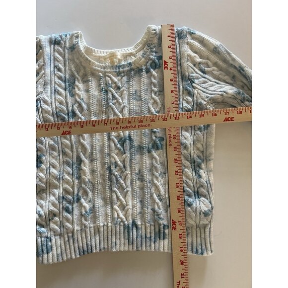 LoveShackFancy white blue floral cable knit puff sleeve sweater S cottagecore - Picture 6 of 9